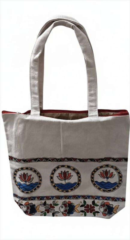 Tote Bag – Handcrafted, Sustainable, Lotus & Fish Artwork