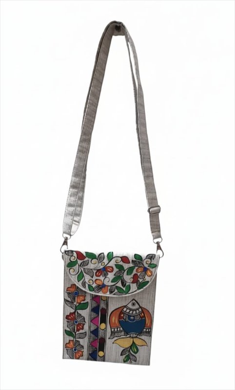 Hand-Painted Madhubani Jute Sling Bag/Mobile Pouch