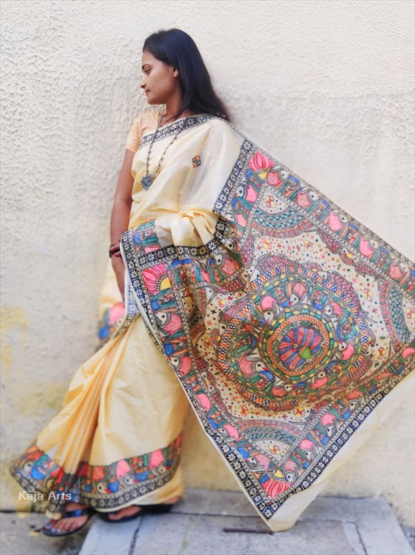 Pure tushar silk madhubani hand painted saree