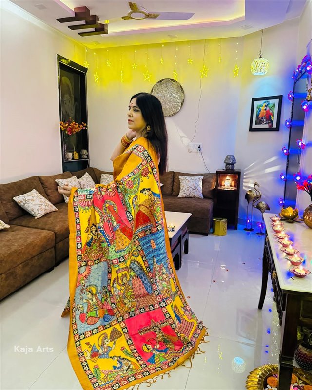 Pure tushar silk madhubani hand painted saree
