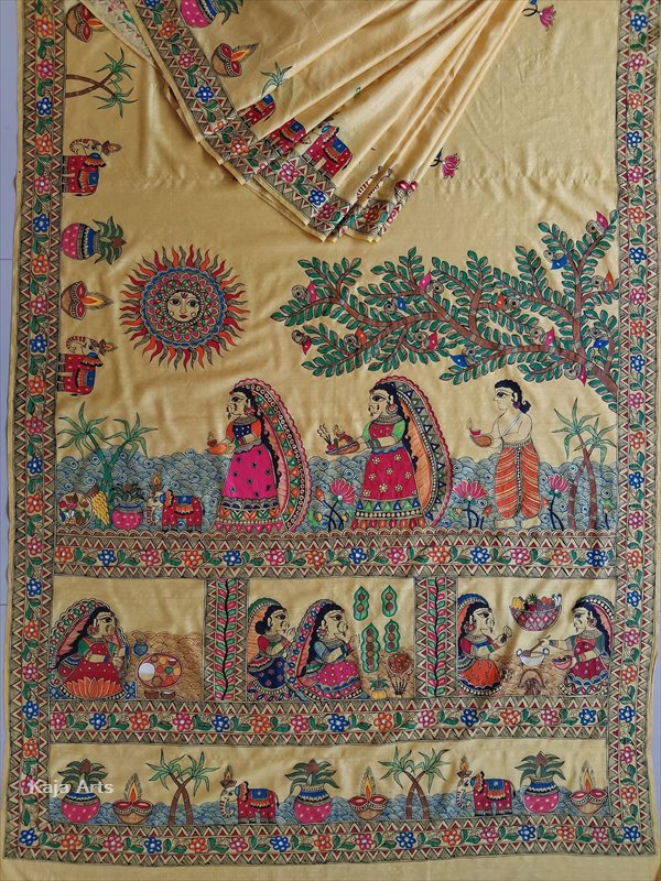 Pure tushar silk madhubani hand painted saree