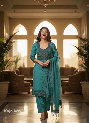 Three Piece Suit with Madhubani Painting | Baswara Silk