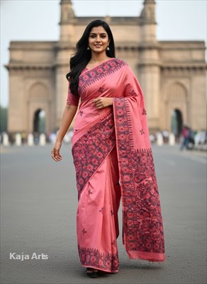 Hand Printed Pink Katan Silk Saree | Madhubani Painting