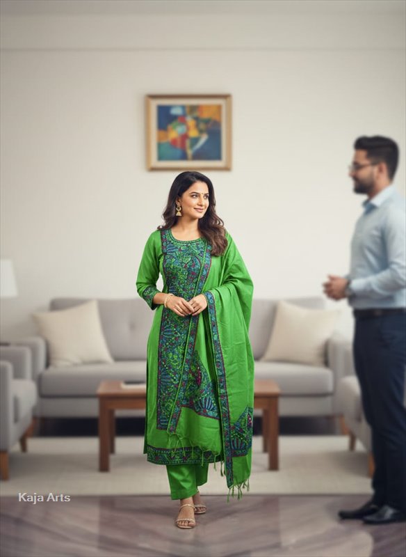 Green Katan Silk 3-Piece Suit Set – Handcrafted Heritage Elegance