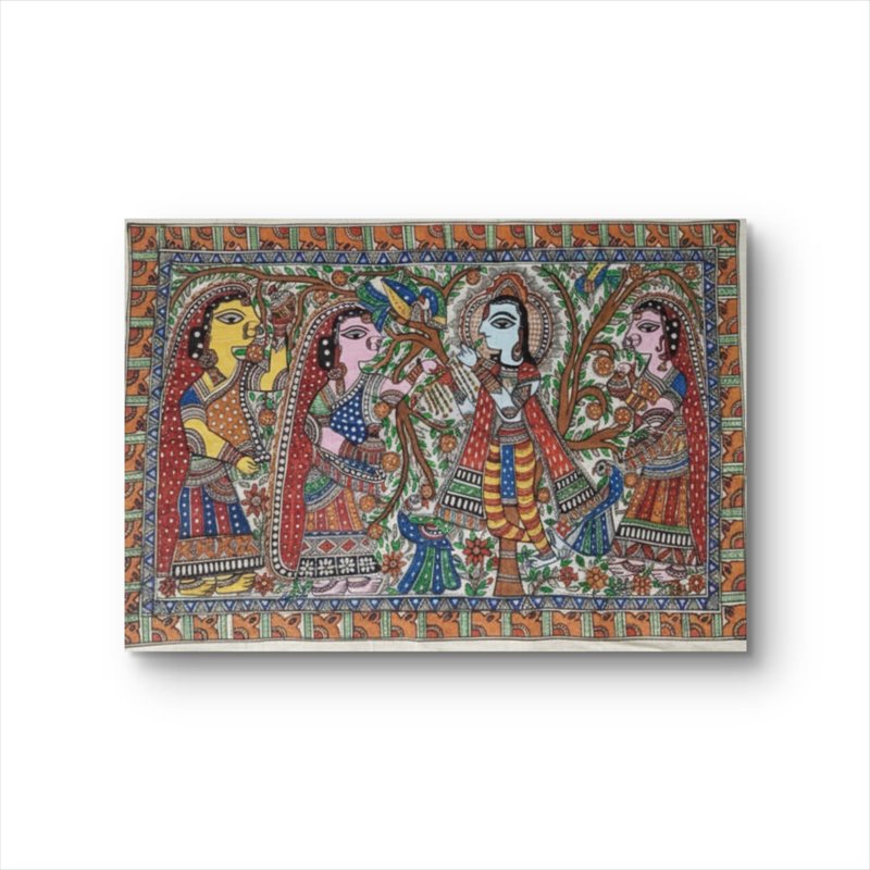 🎨 Masterpiece Madhubani Painting on Silk: Radha Krishna with Gopis (GI Tagged)