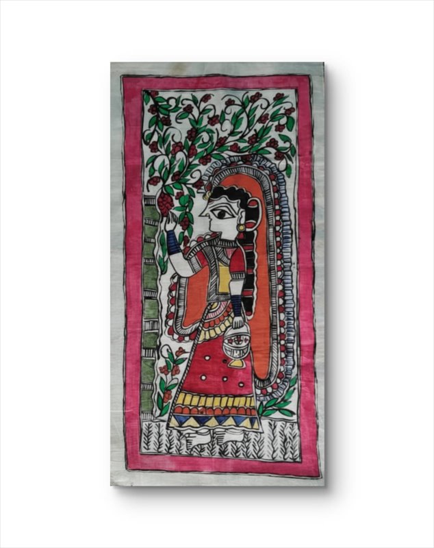 Madhubani Painting – Village Girl by Renowned Artist Anju Devi | Handmade Indian Wall Art on Silk | Unframed & Washable | Authentic GI Certified Mithila Painting from Madhubani, Bihar