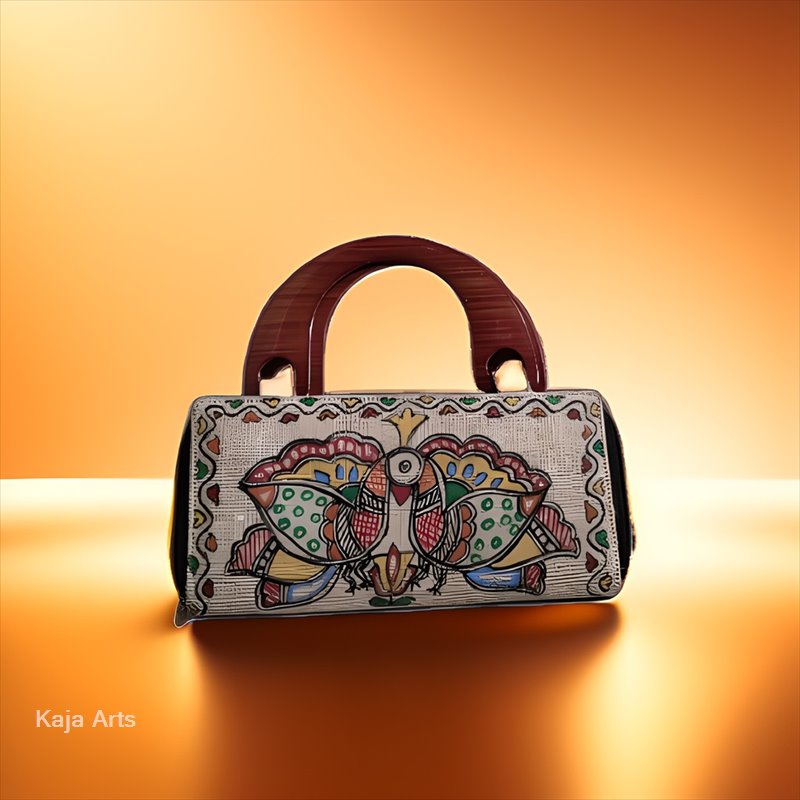 Handcrafted Madhubani Painting Ladies Handbag with Wooden Handle 