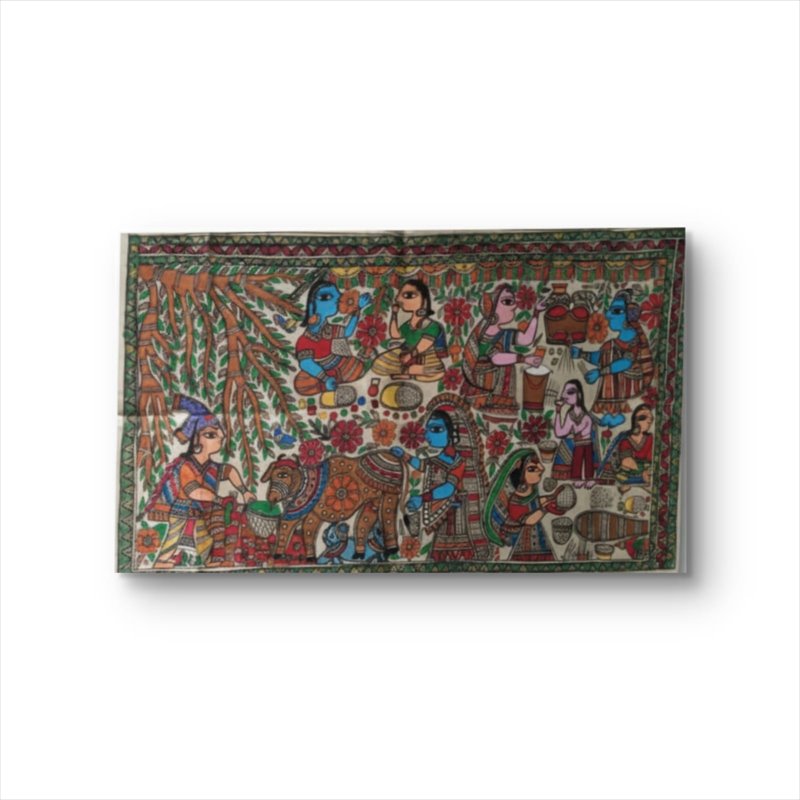 Madhubani Painting – Village Life of Mithila by Renowned Artist Anju Devi | Handmade Indian Folk Art on Silk 